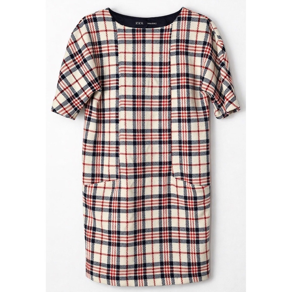 ZARA Basic Plaid Shift Dress XS Red Navy Cream Textured Short Sleeve